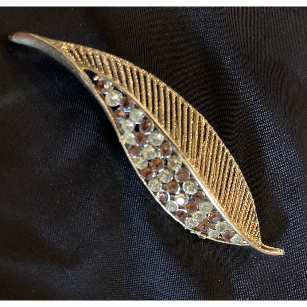 VTG Gold Tone Leaf Brooch Amber & Clear Pave Crystals Openwork 1960s Retro